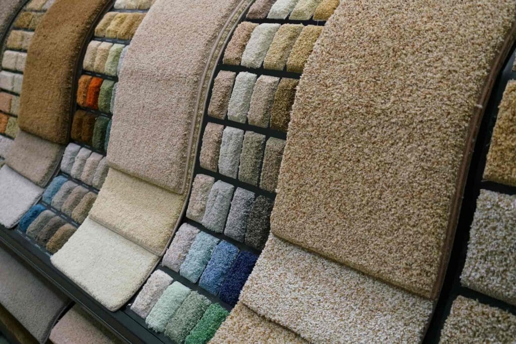 A display rack showing samples of carpet in various colors and textures, including neutral tones and some bold colors like blue and green, arranged in rows for customer selection.