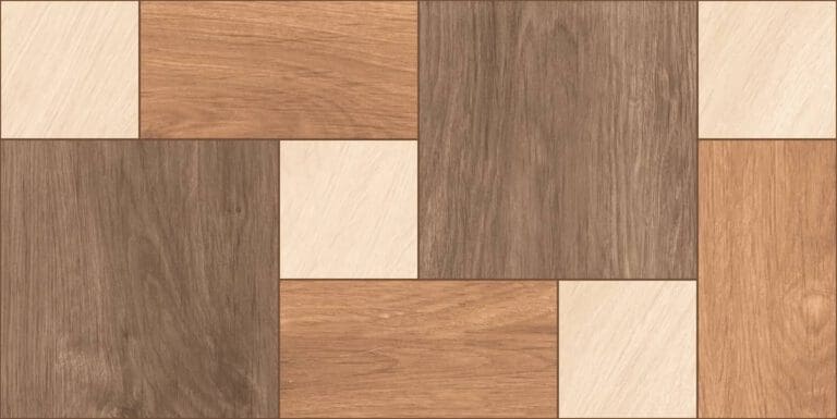 Rectangular tiles in a geometric pattern, featuring light beige, medium brown, and dark brown wood grain textures arranged in a repeating, interlocking design.
